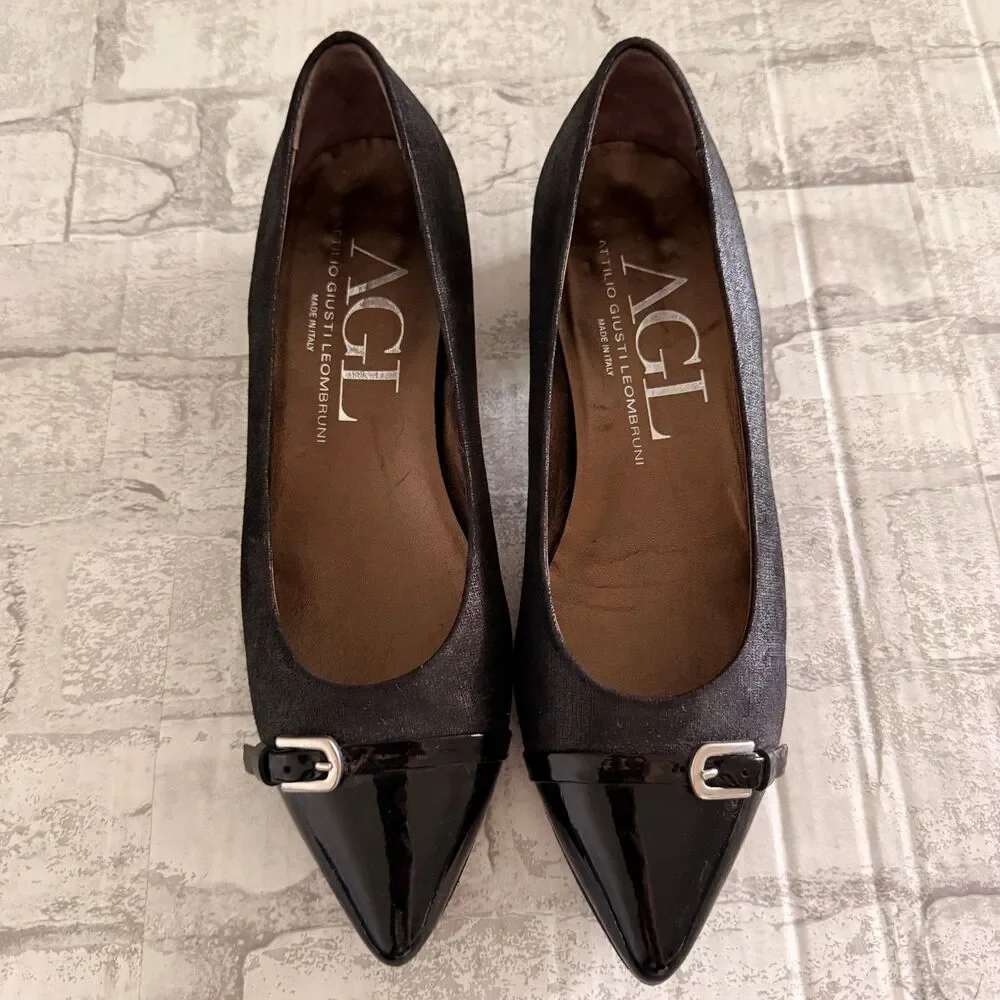 AGL Attilio Giusti Leombruni Black Patent Cap Toe Pumps Leather Pumps Sz 38.5